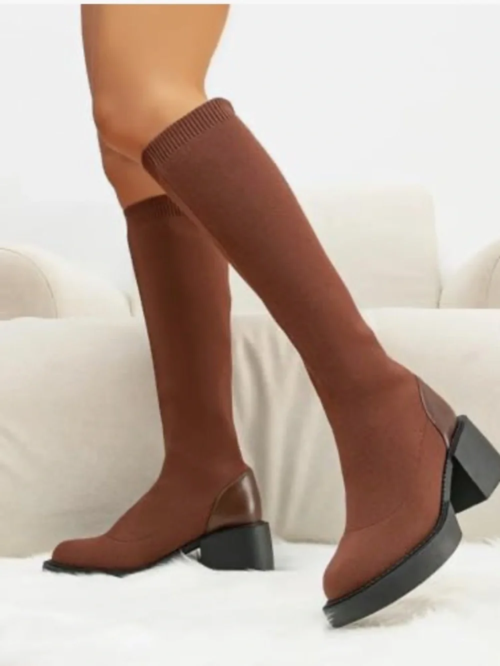 NWT Brown Knee-High Sock Boot with Block Heel 10‎